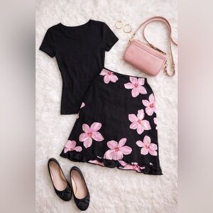 The Limited Black Skirt with Pink Floral Design | Ruffle Hem | Size 8